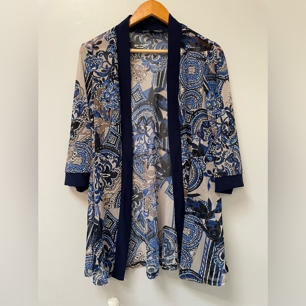 R & M RICHARDS WOMAN Open Long Cardigan Jacket Blue Gray Size 12 Petite